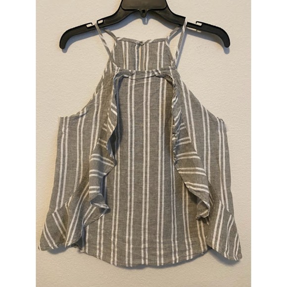 BCBGeneration Womens's Gray Stripe Spaghetti Strap Linen Blend Ruffle Blouse S - Picture 1 of 6